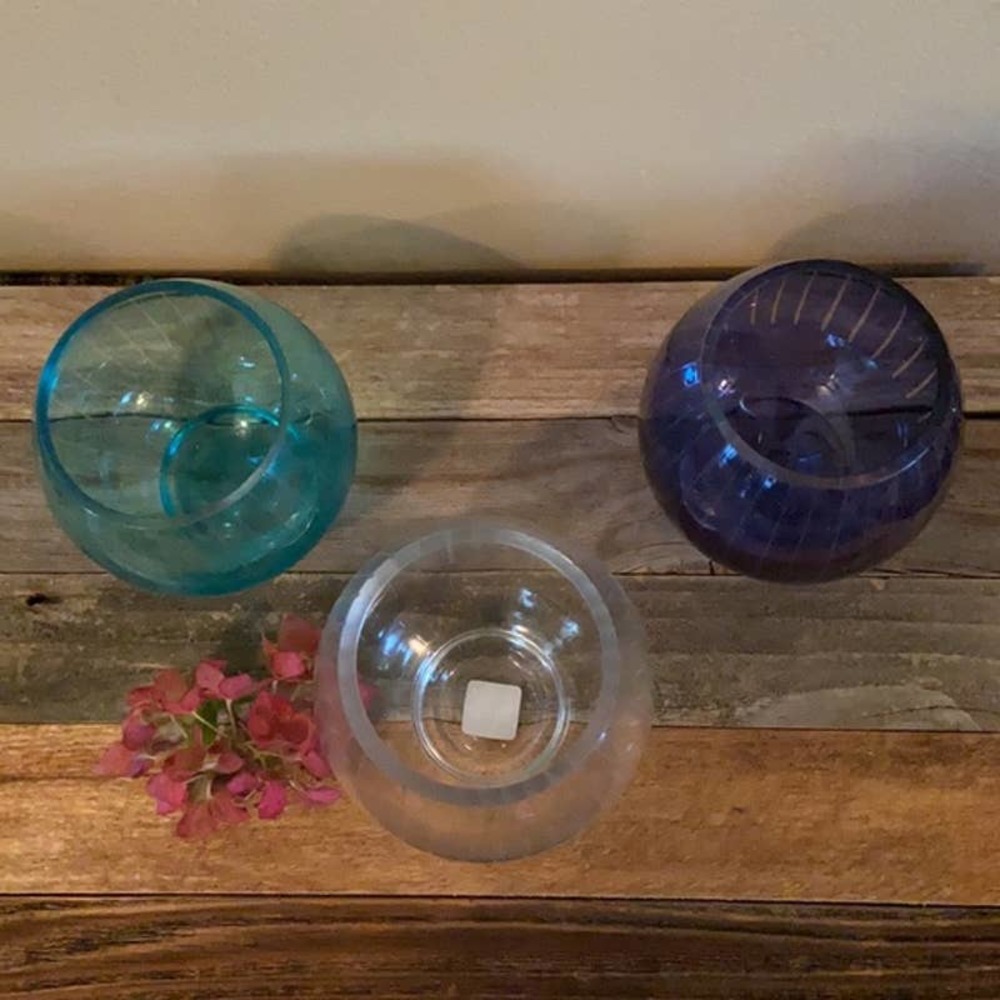 PartyLite‎ “Santorini” Tealight Trio Candle Holders Clear Turquoise Navy Blue - Picture 3 of 10